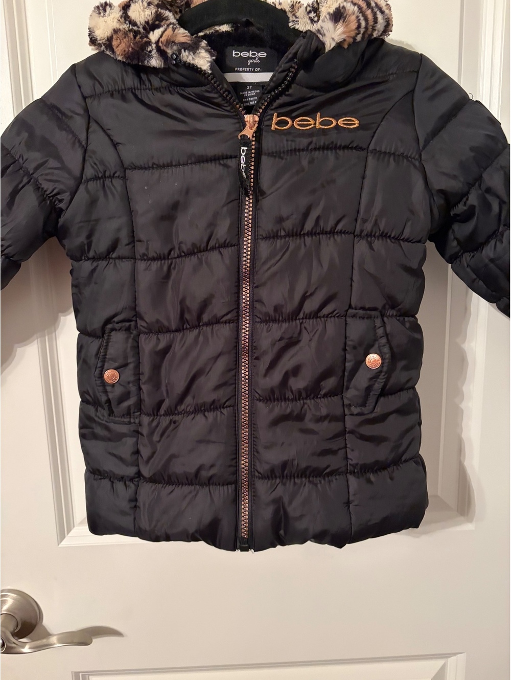 bebe Girls Black Puffer Jacket with Faux Fur Hood, Size 3T